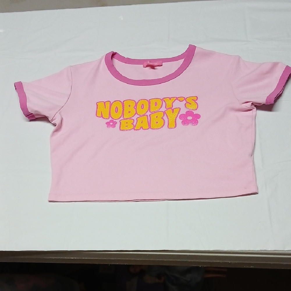 Dolls Kill Sugar Thrillz Nobody's Baby Pink Crop Ringer Tee Shirt w Glitter Text